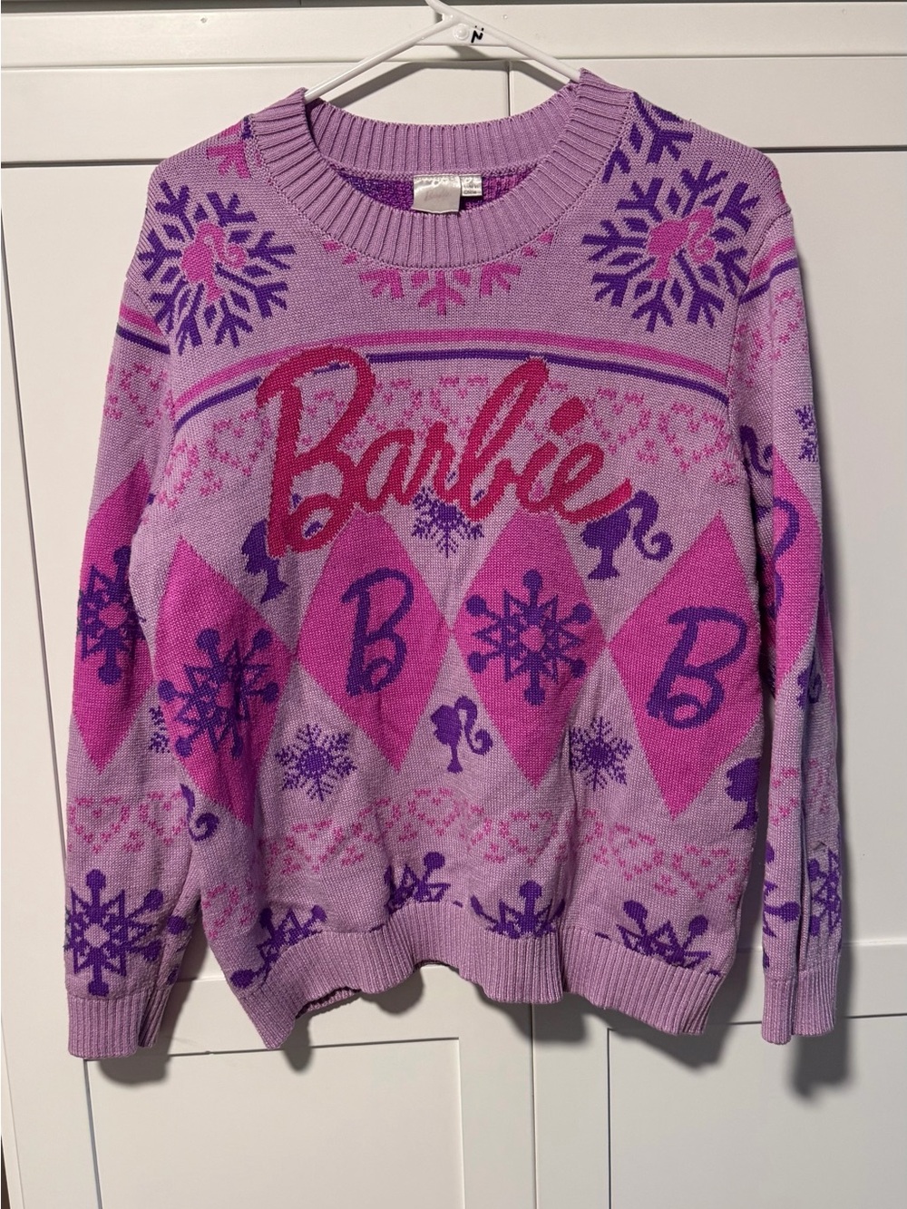 Classic Barbie Christmas Holiday Crewneck Sweater Pink Purple Snowflake S/M